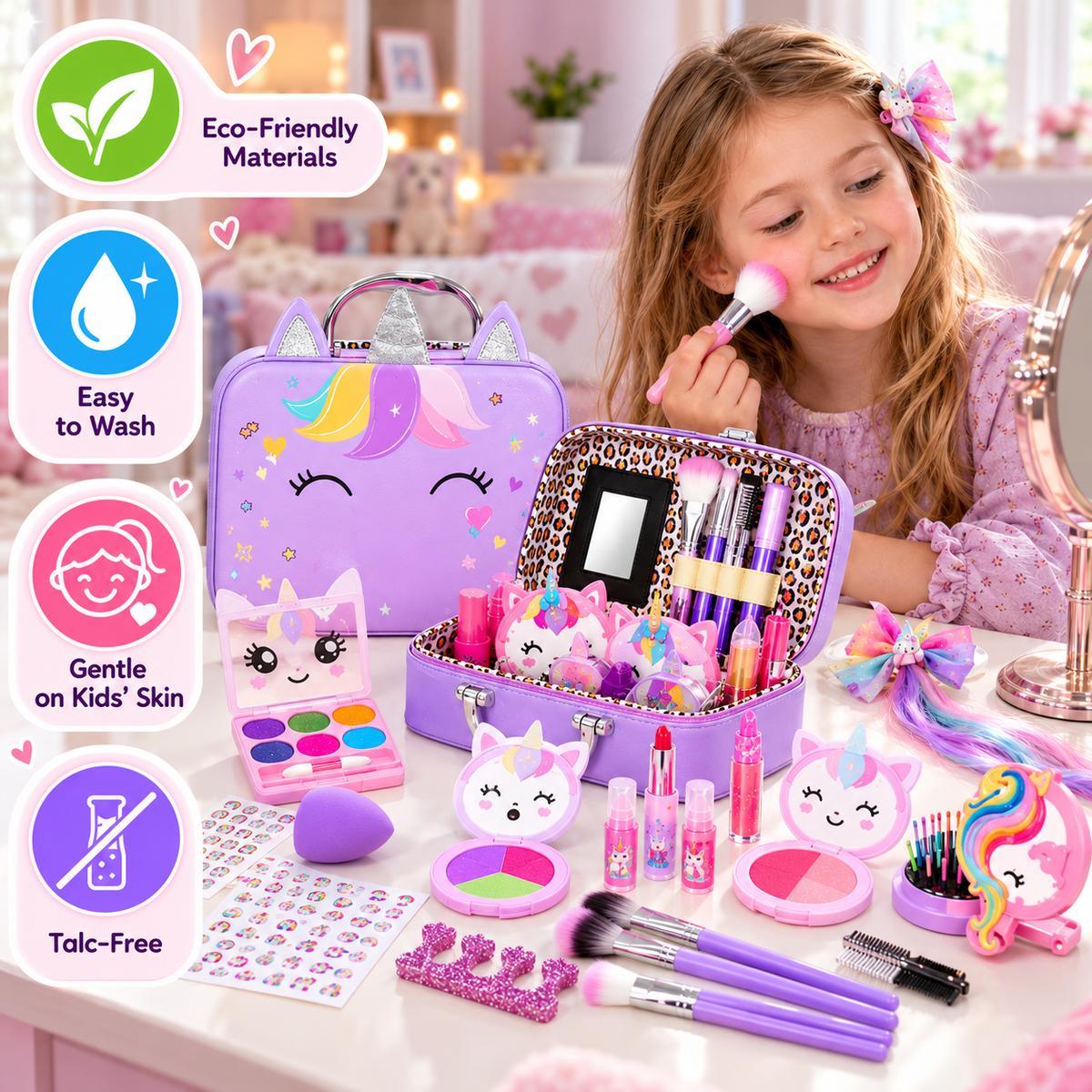 Kids’ Eco-Friendly & Easy-to-Wash Princess Makeup Kit with Cosmetic Bag