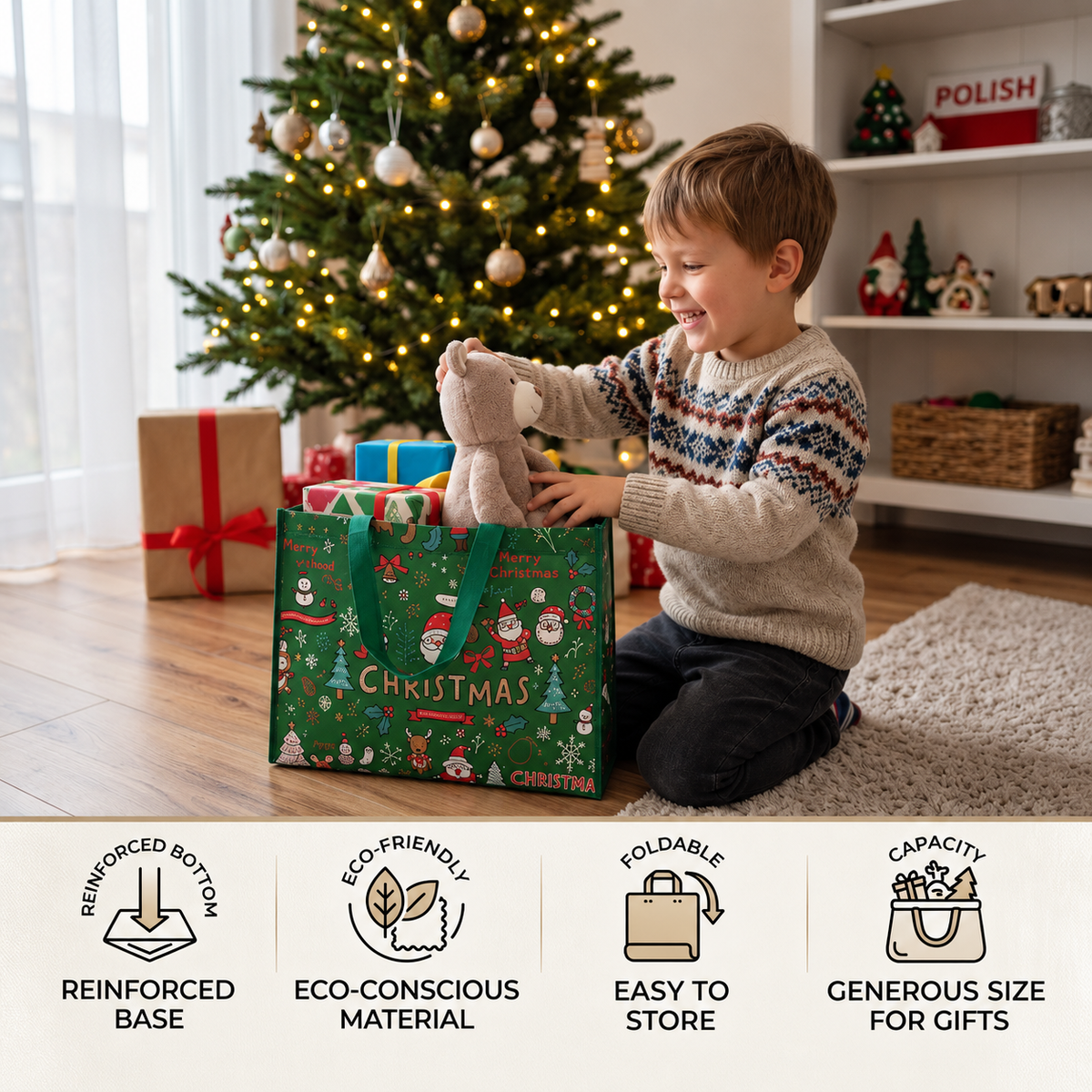Reusable Christmas Gift Bags with Handles – Assorted Holiday Designs