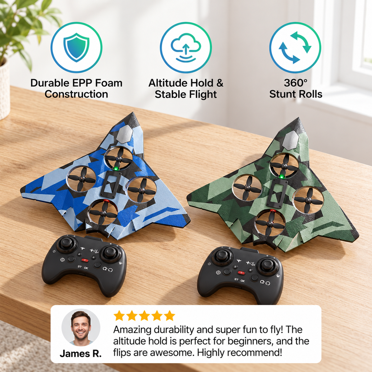 Durable Foam RC Fighter Plane with Altitude Hold & 360° Stunt Rolls