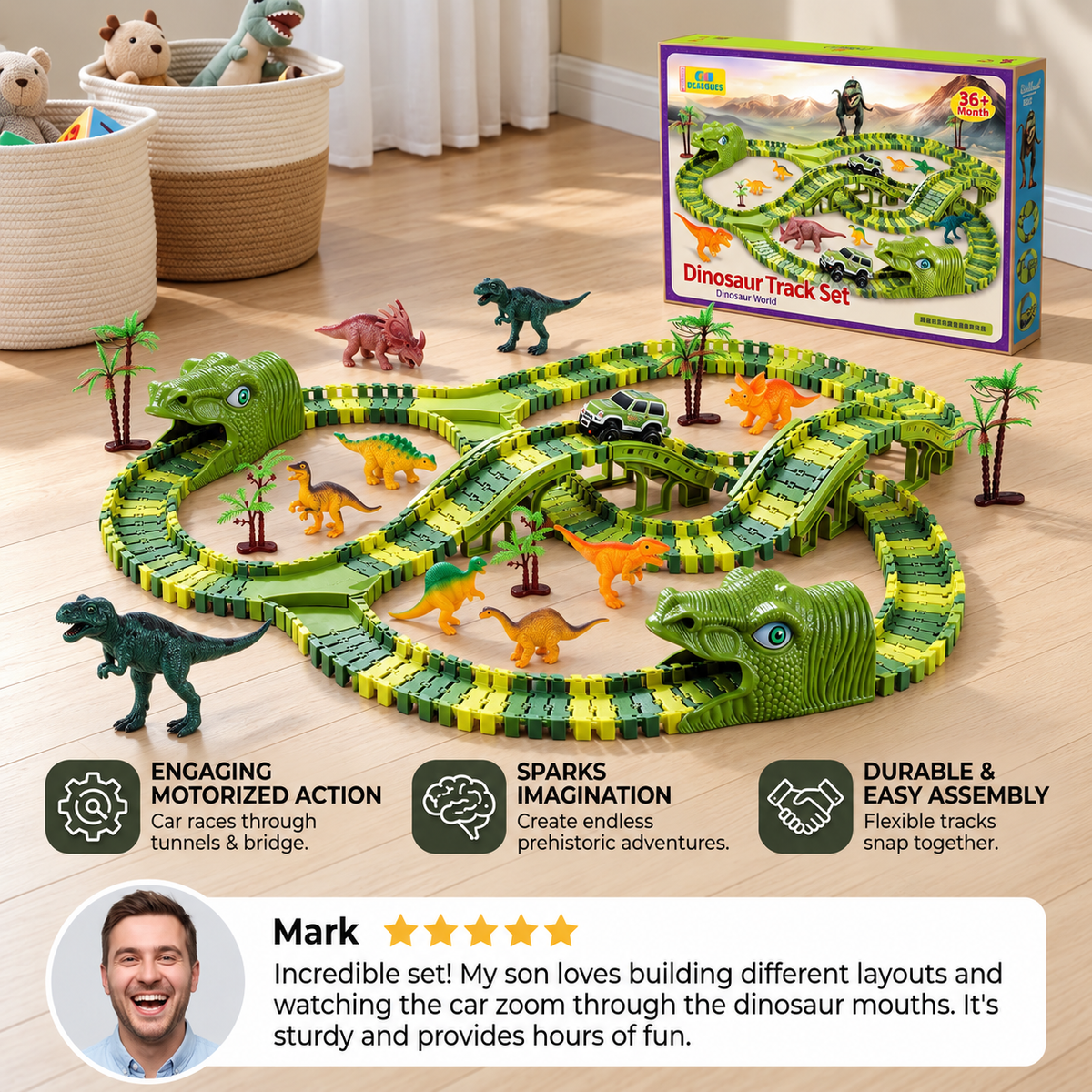 215-Piece Dinosaur Race Track Set with Motorized Cars, Bridge & Dinosaur Figures