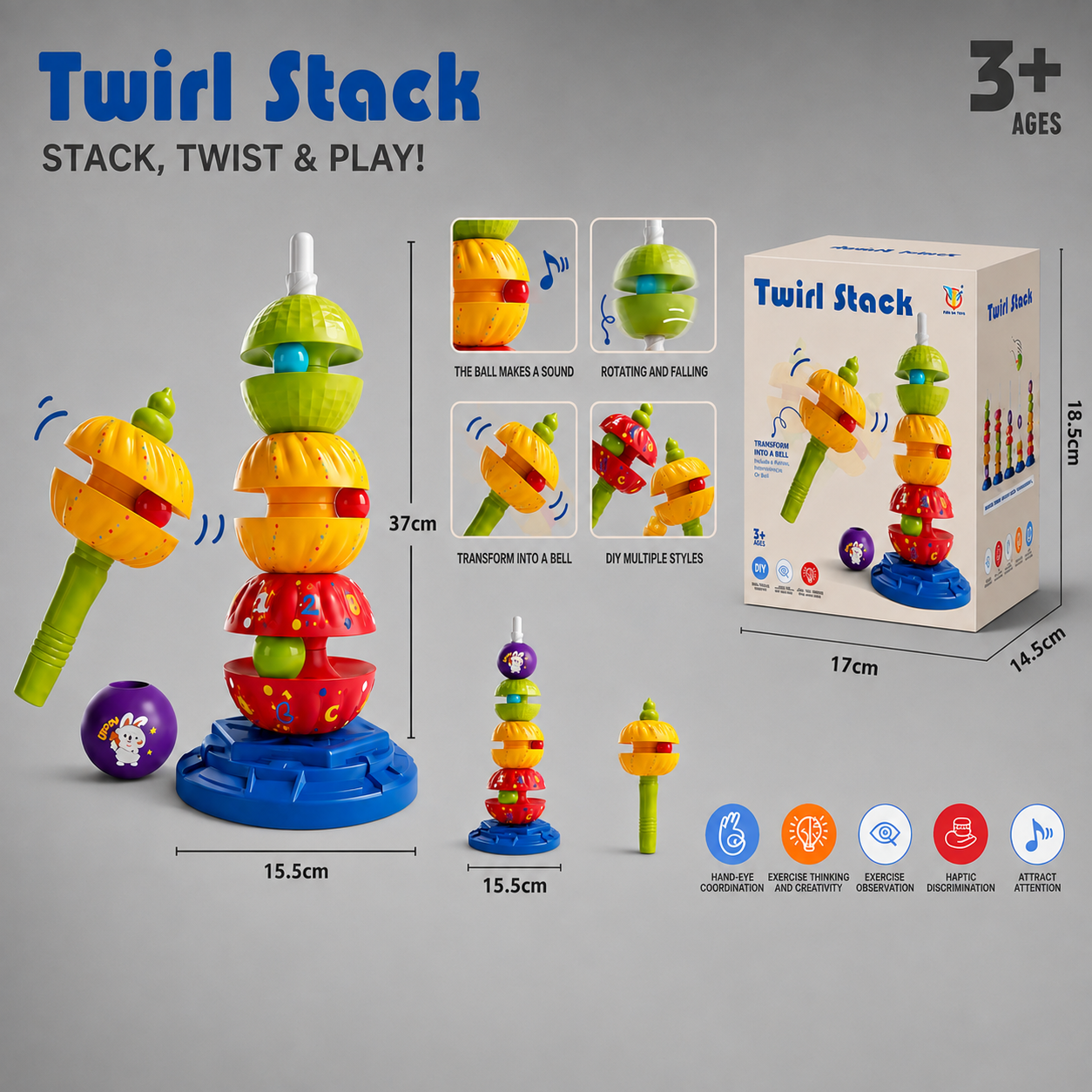 2-in-1 Interactive Rotating Stack & Ball Drop Tower with Rattle for Kids