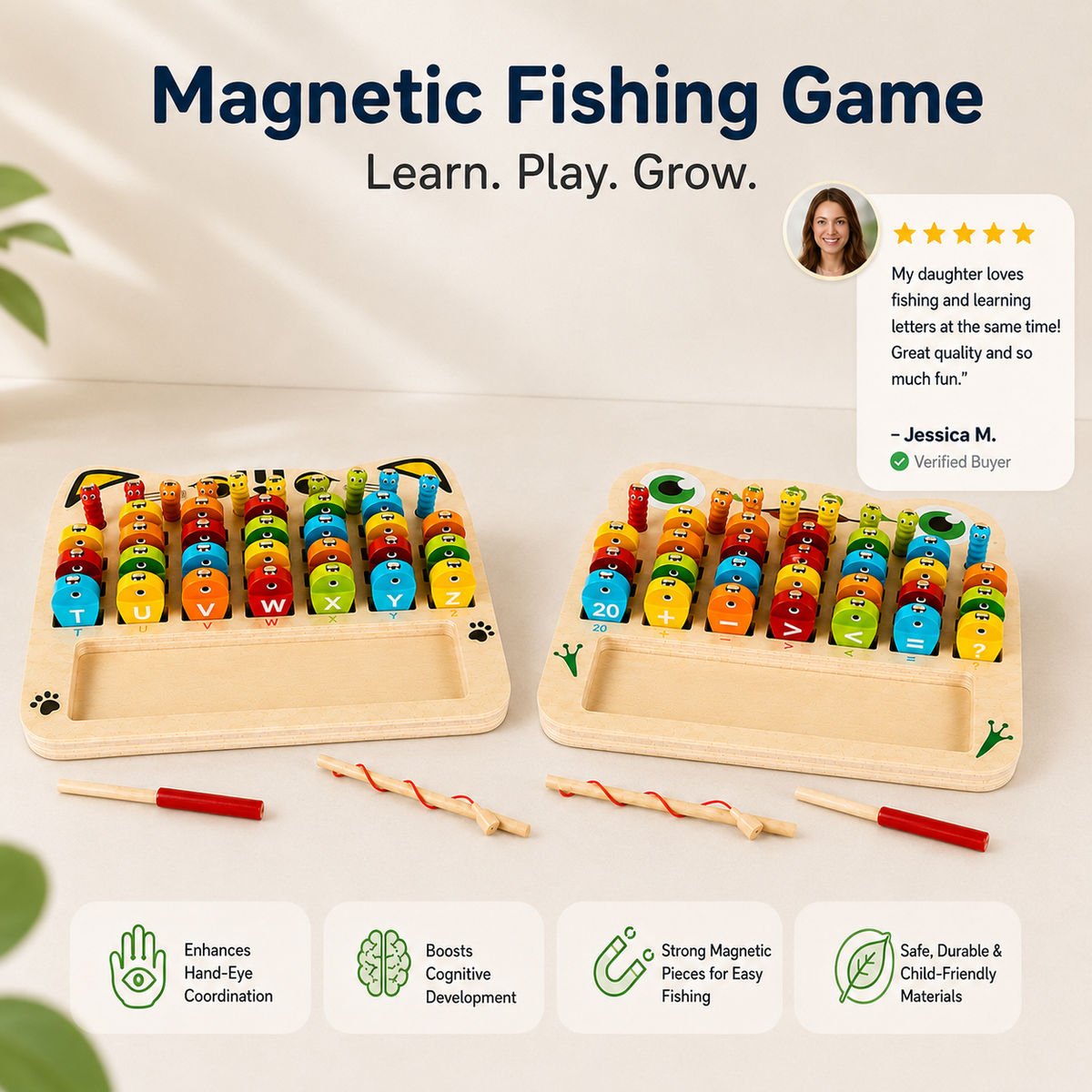 Wooden Magnetic Fishing Game – Alphabet, Math & Fine Motor Skills Learning Toy for Kids