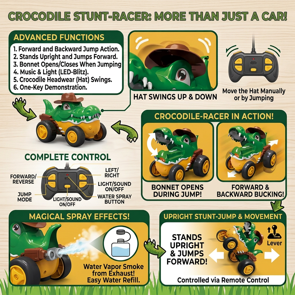 Remote Control Crocodile Stunt Car – Lights, Spray & Sound Effects