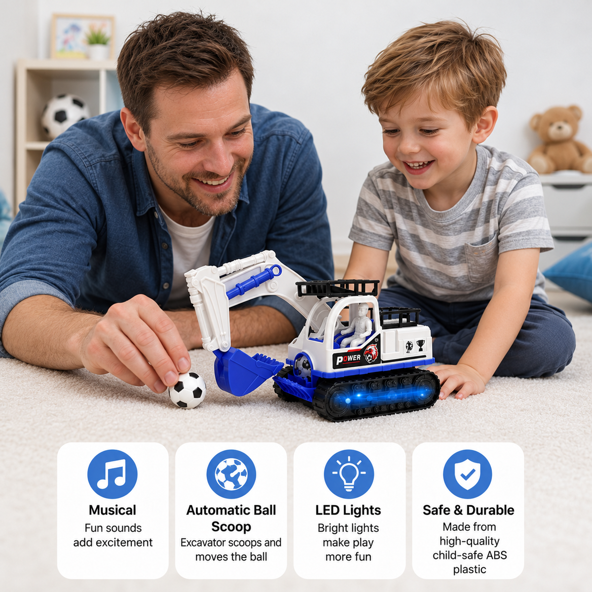 Musical Excavator Toy with Automatic Soccer Ball Scooping & LED Lights