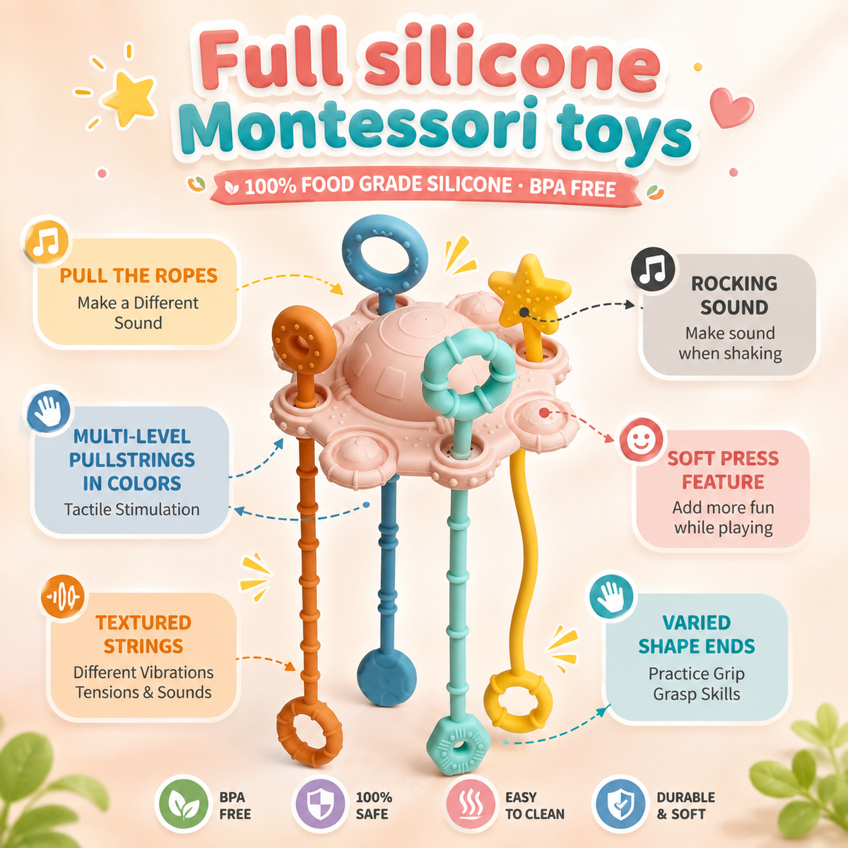 Montessori Sensory Pull & Explore Teething Toy – Silicone Pull Cord for Tactile Learning & Gum Relief
