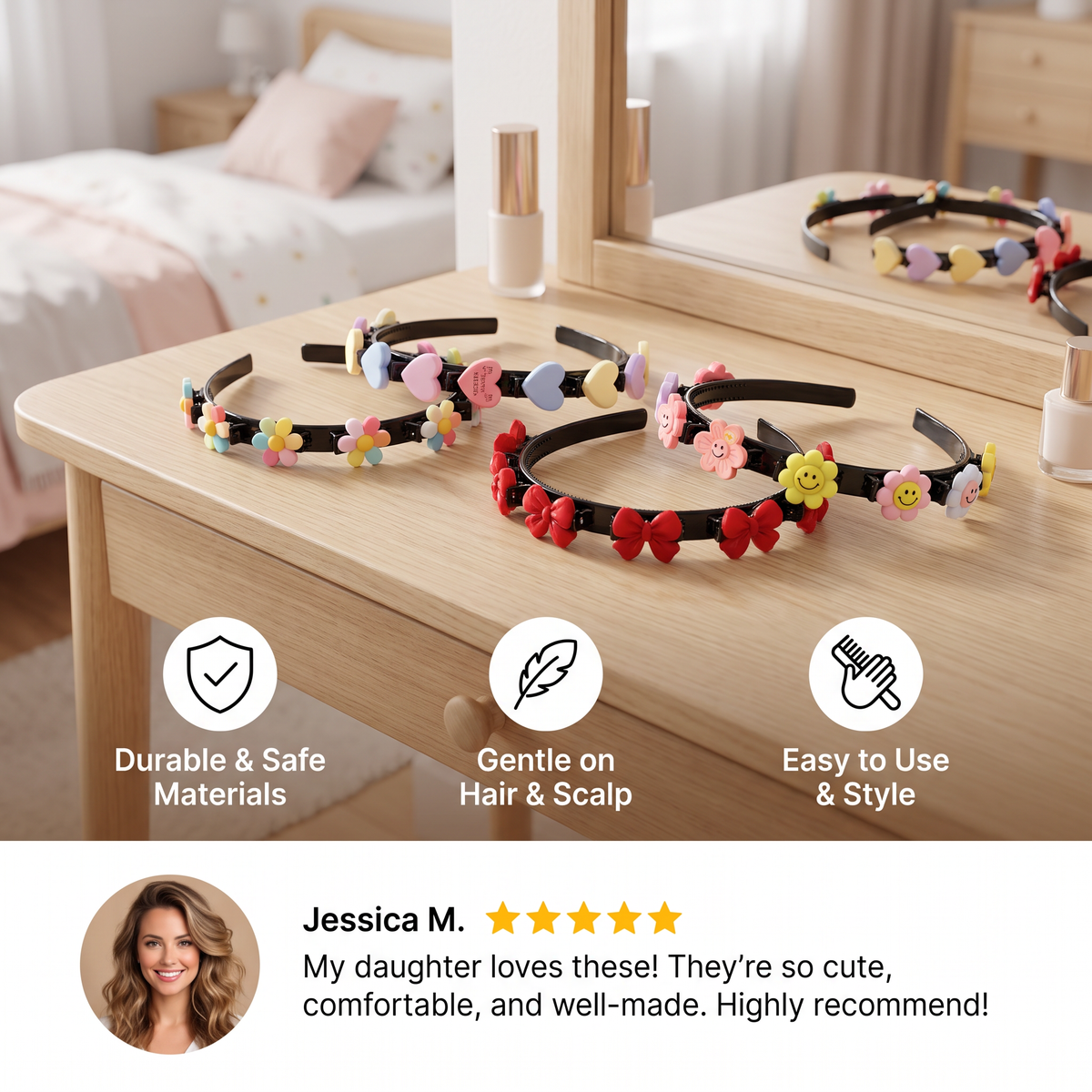 Cute Hair Clips & Bands for Girls with Flower, Strawberry & Rainbow Charms