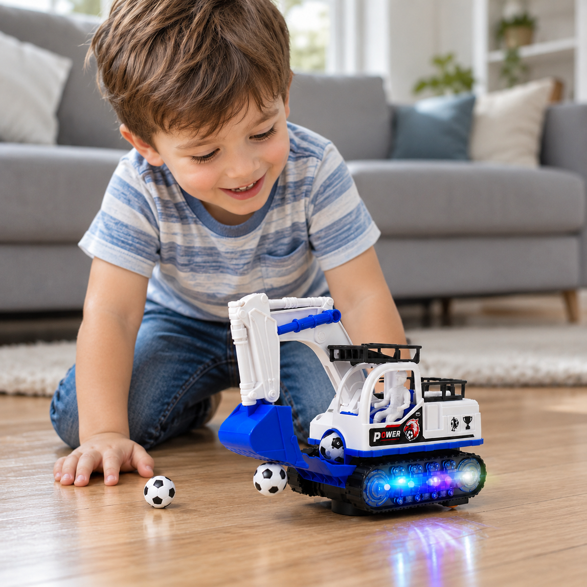 Musical Excavator Toy with Automatic Soccer Ball Scooping & LED Lights