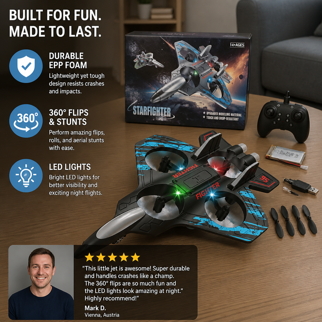 Durable Foam RC Fighter Jet Drone for Indoor & Outdoor Flying – 360° Flips & LED Lights