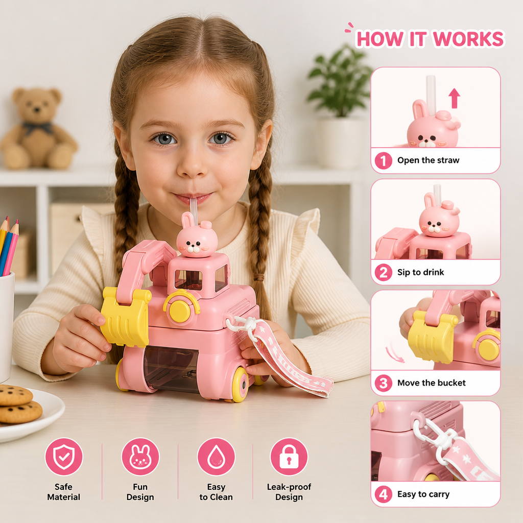 TinyExcavators Excavator-Shaped Water Bottle with Straw for Kids