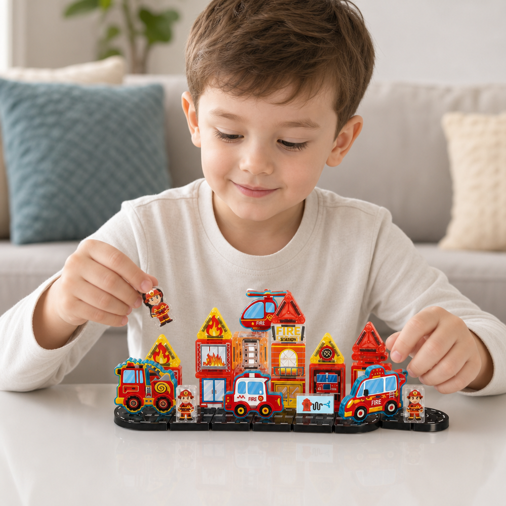 40-Piece Travel-Sized Magnetic Building Set with Construction, Fire & Police Vehicles