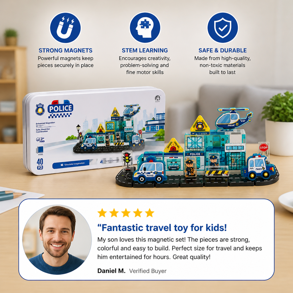 40-Piece Travel-Sized Magnetic Building Set with Construction, Fire & Police Vehicles
