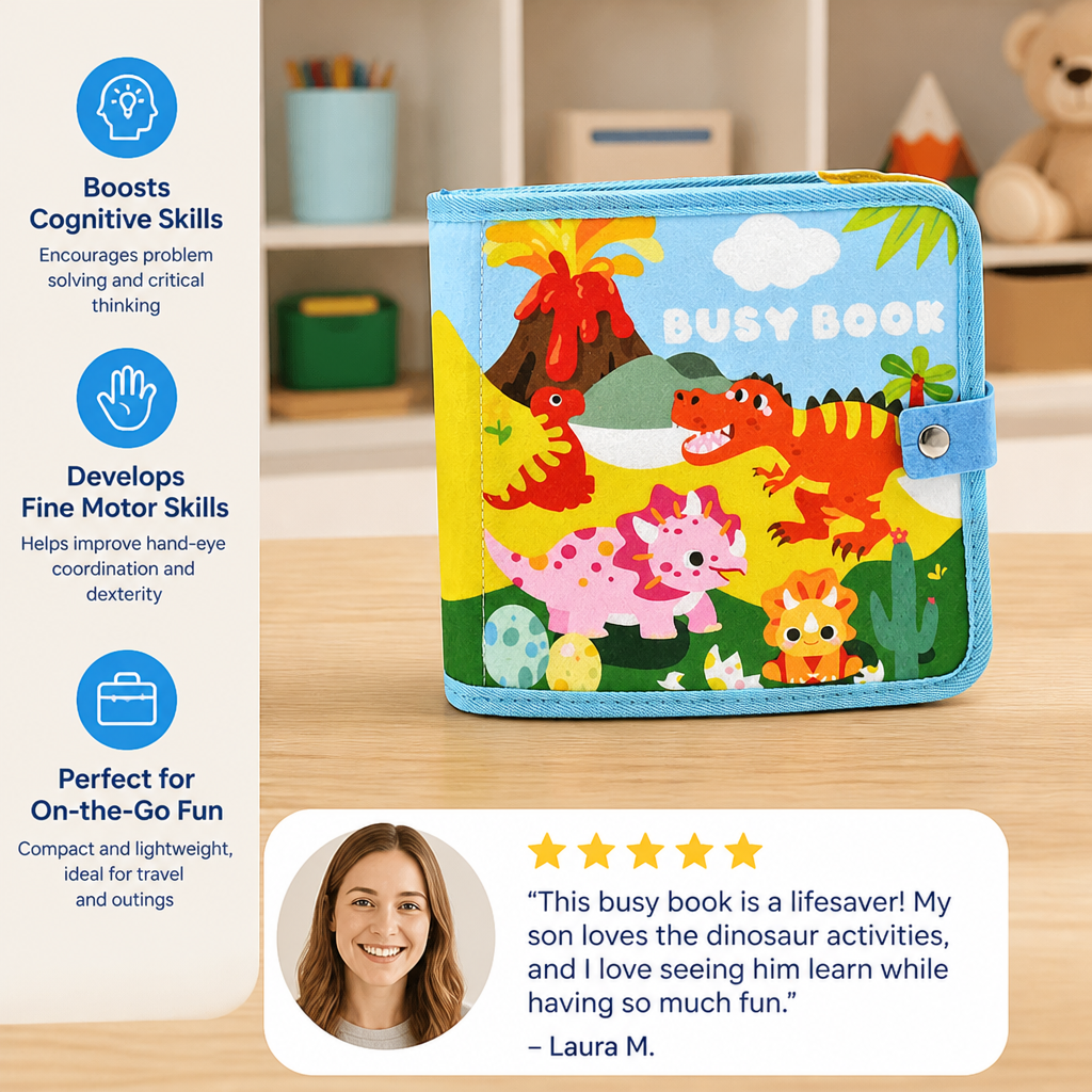 8-in-1 Montessori Dinosaur Busy Board Activity Book for Toddlers