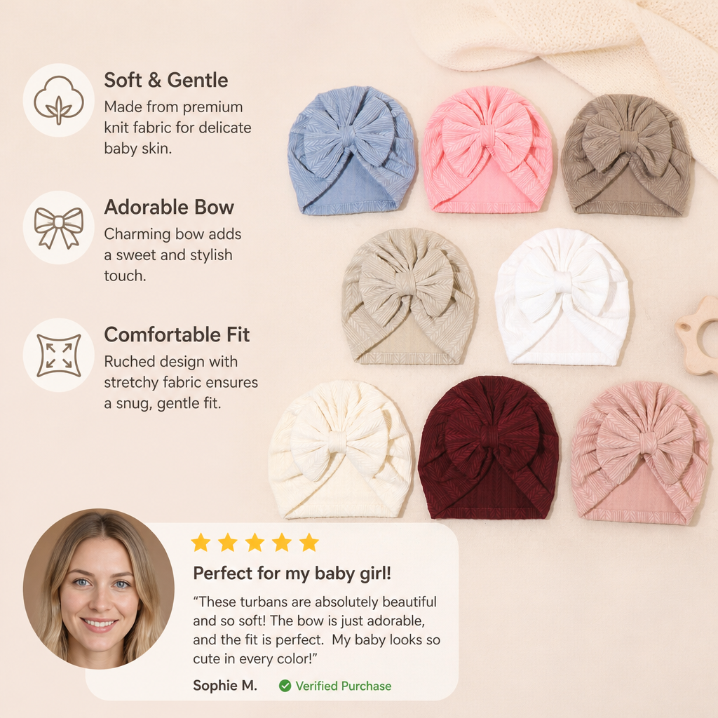 Ruched Baby Turban with Bow – Soft Knit Newborn Hat