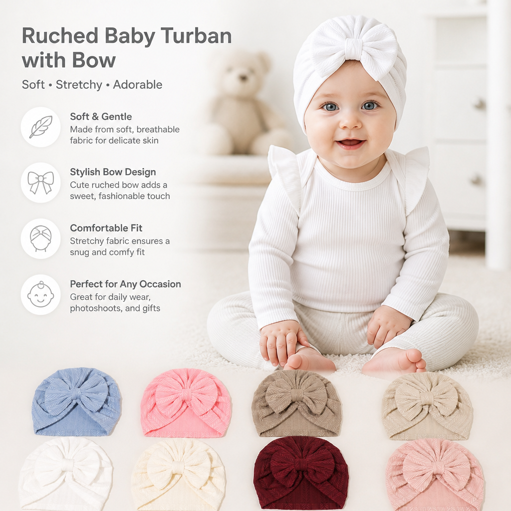 Ruched Baby Turban with Bow – Soft Knit Newborn Hat