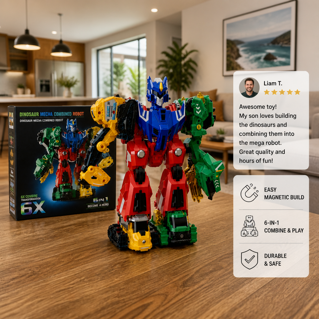 6-in-1 Magnetic Transforming Toy – Build 6 Vehicles, 3 Dinosaurs & 1 Robot