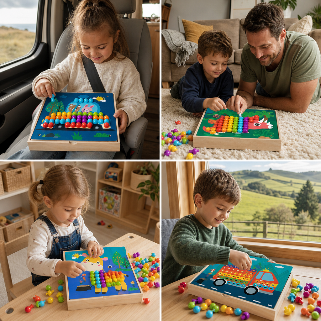 4-in-1 Montessori Wooden Sensory Activity Travel Board Box with Gears & Colorful Pegs