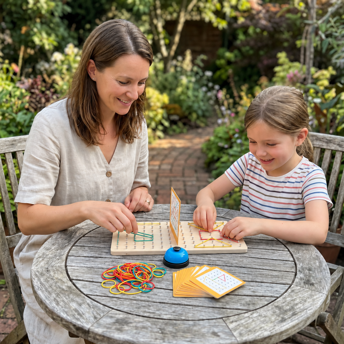 Montessori Wooden Geometry Battle Game with Colorful Rubber Bands