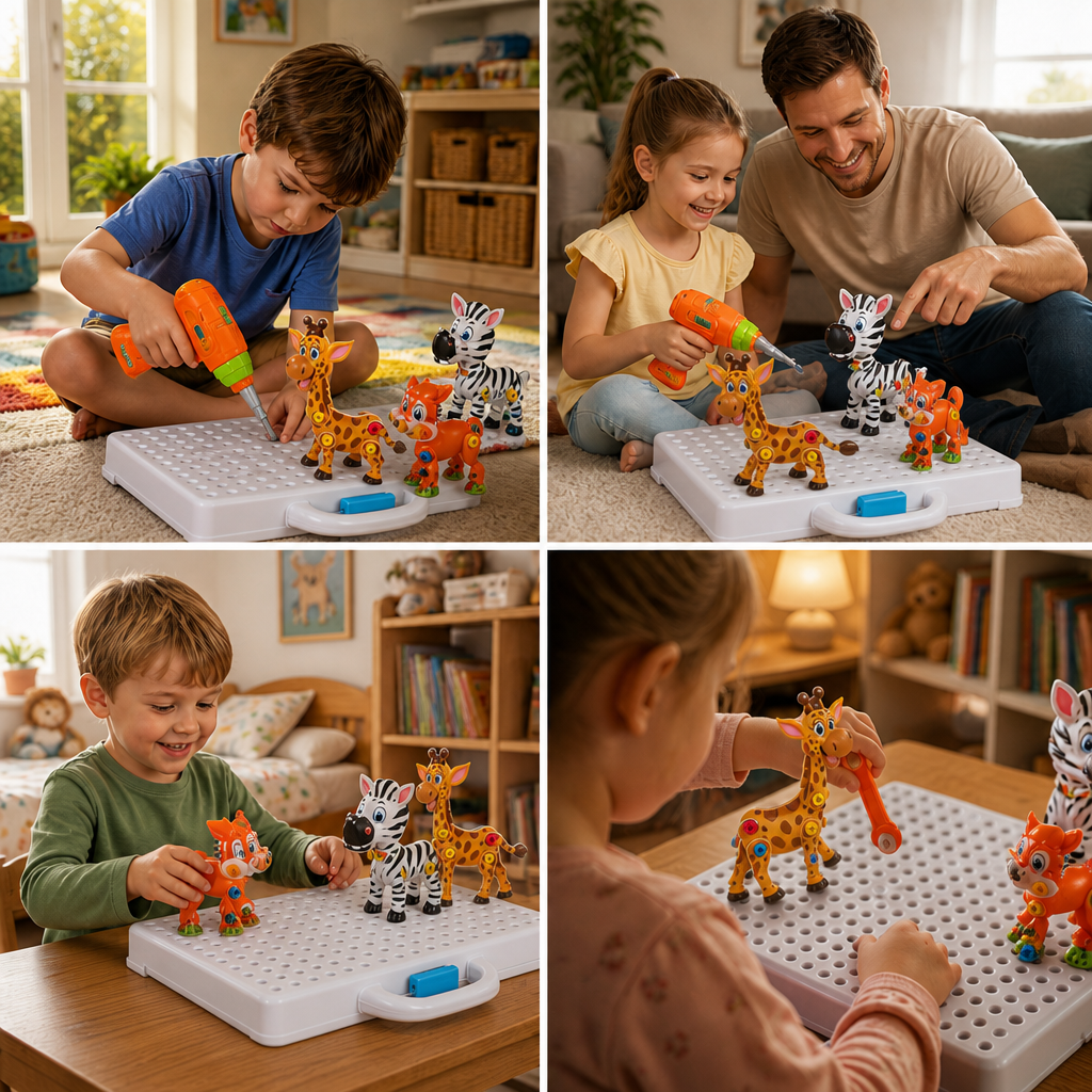 Safari Animal Building Block Set with Electric Toy Drill for Kids
