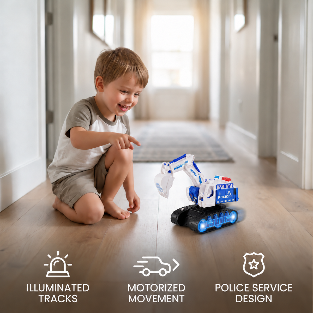 Transforming Police Robot Excavator Toy with Lights & Sounds
