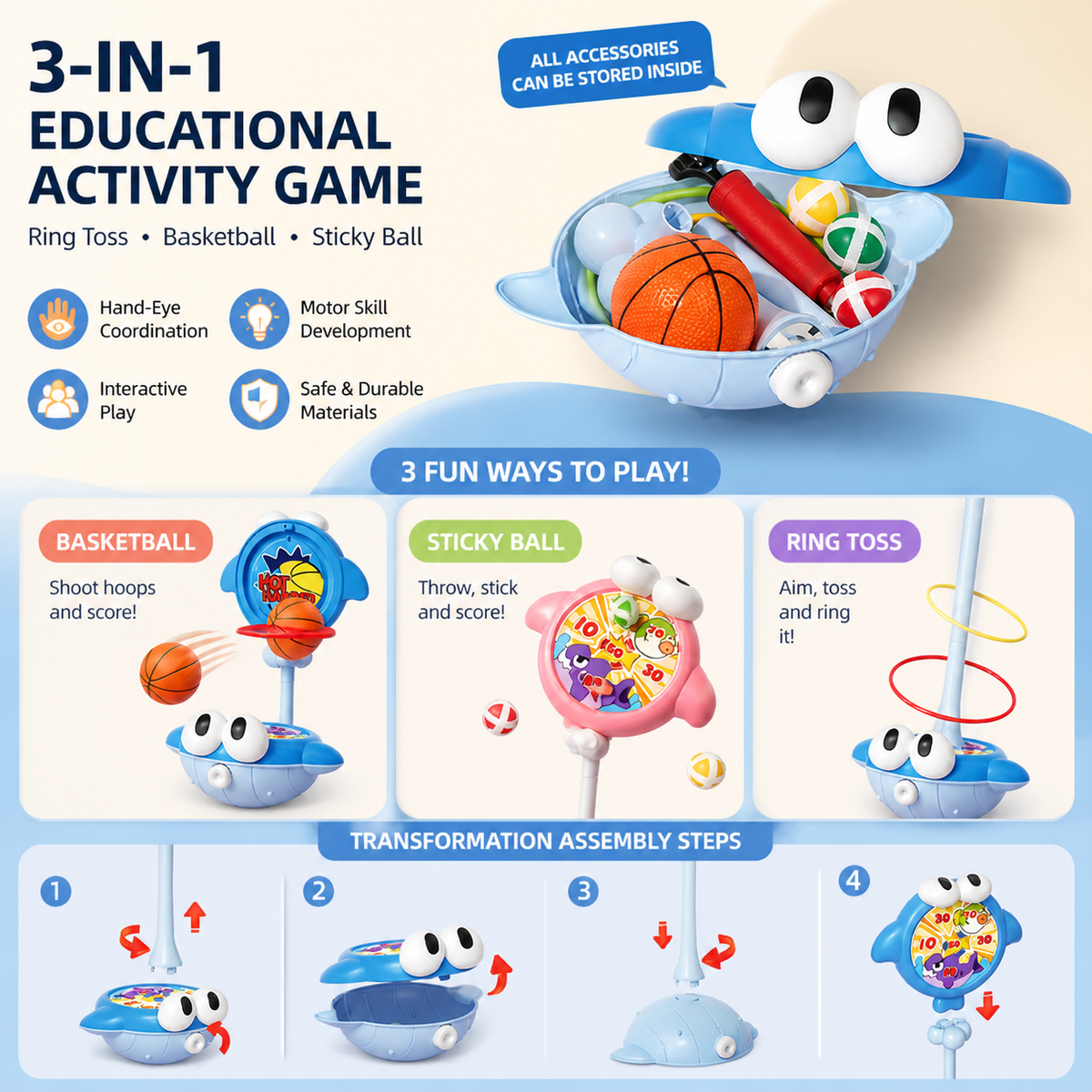 3-in-1 Educational Activity Game – Ring Toss, Basketball & Sticky Ball