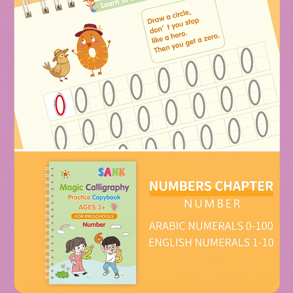 Magic Reusable Grooved Handwriting Practice Books with Disappearing Ink Pens