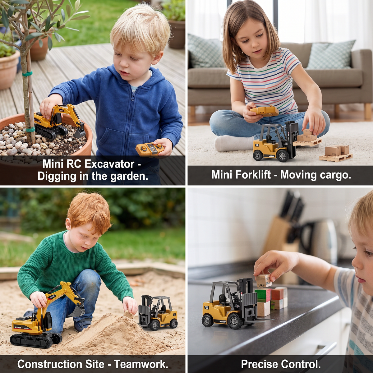 1:64 Scale RC Construction Vehicles – Forklift, Excavator, Dump Truck & Bulldozer