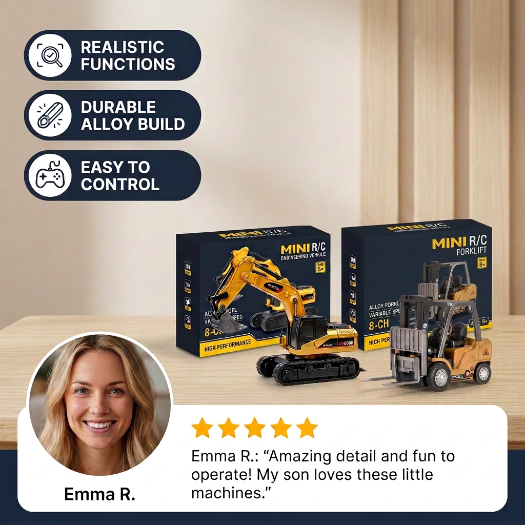 1:64 Scale RC Construction Vehicles – Forklift, Excavator, Dump Truck & Bulldozer