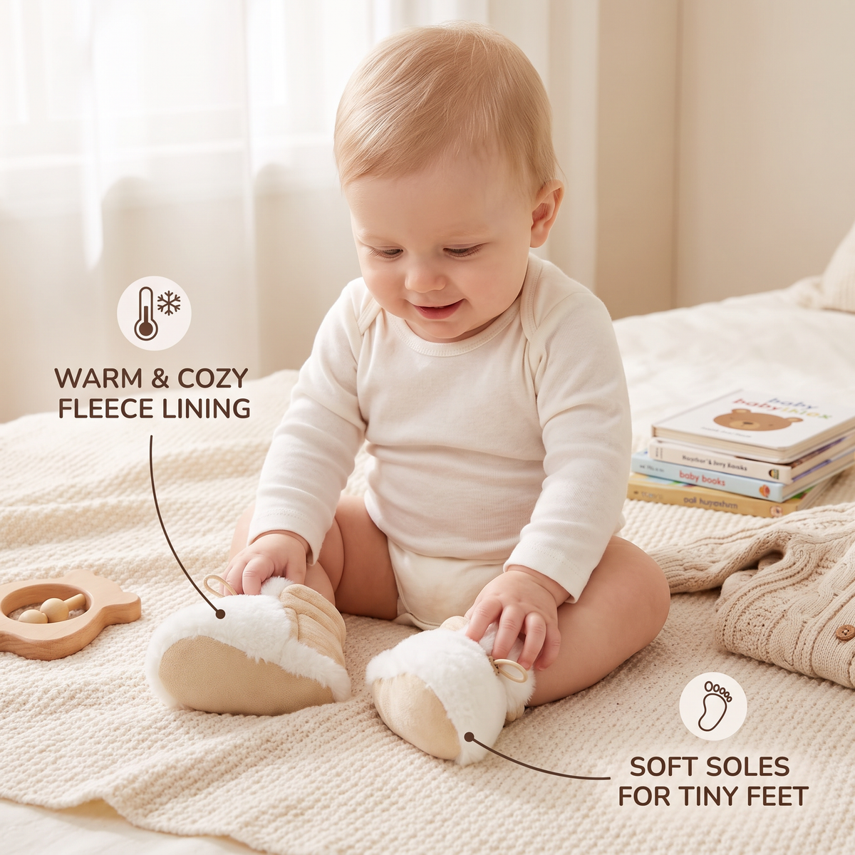 Warm & Cozy Fleece-Lined Cotton Baby Booties with Soft Soles