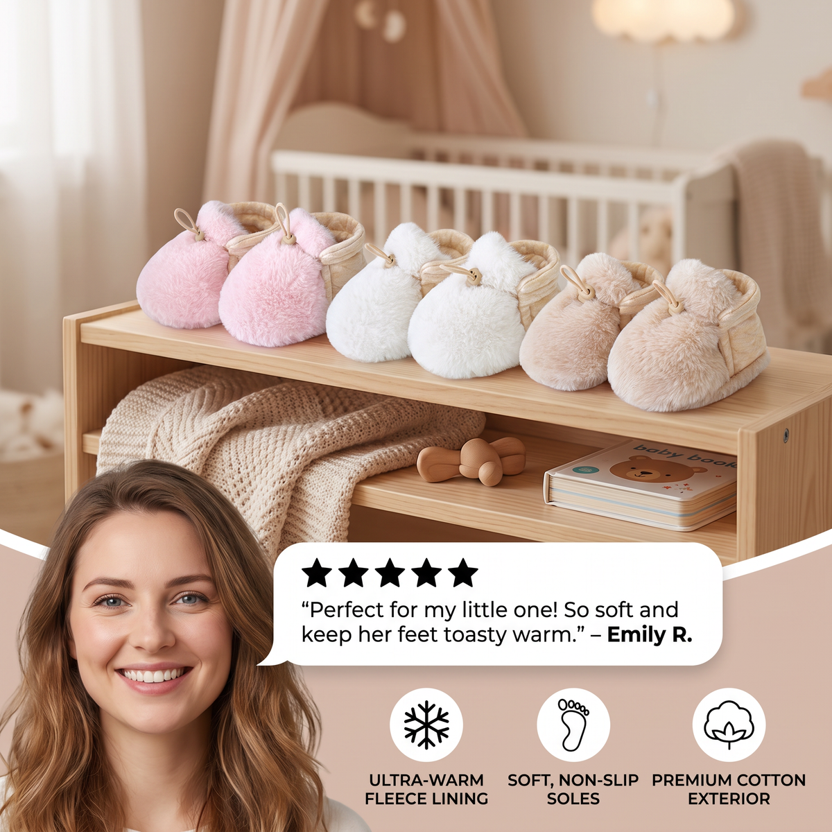 Warm & Cozy Fleece-Lined Cotton Baby Booties with Soft Soles