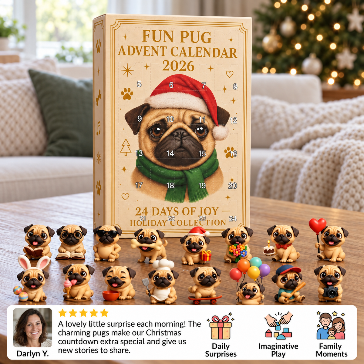 24-Day Pug Advent Calendar with Surprise Figurines