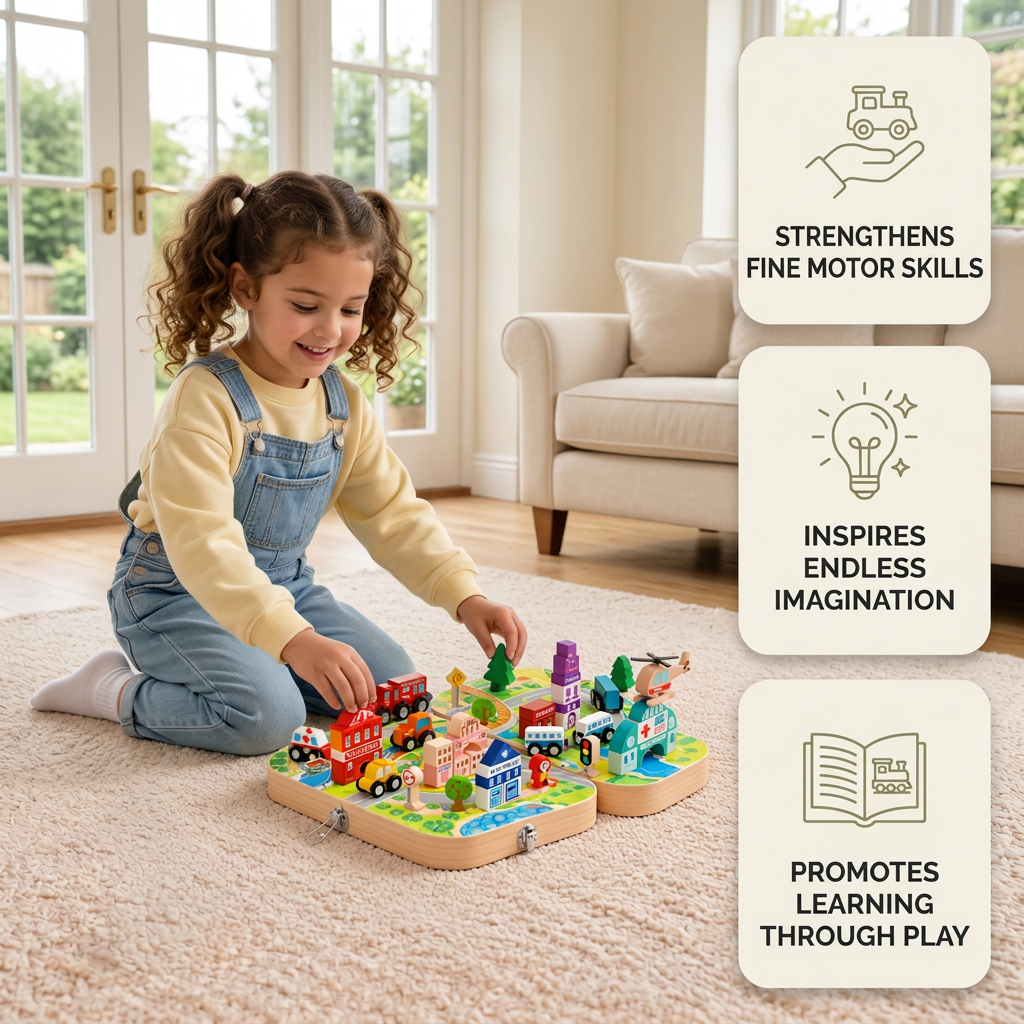 Wooden City Building Blocks & Train Track Travel Set