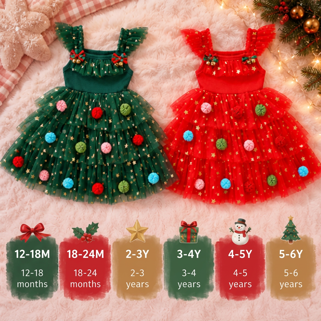 Girls’ Christmas Tutu Dress with Pom-Poms, Sequin Stars & Ruffled Sleeves