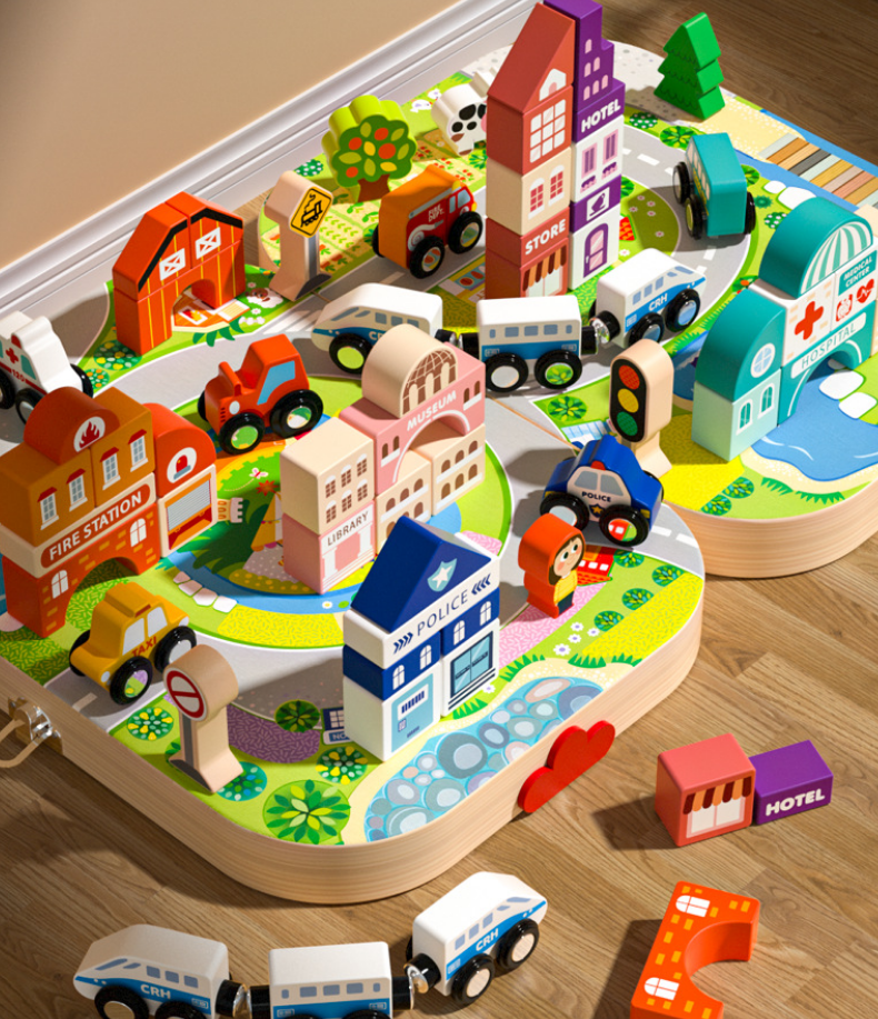 Wooden City Building Blocks & Train Track Travel Set