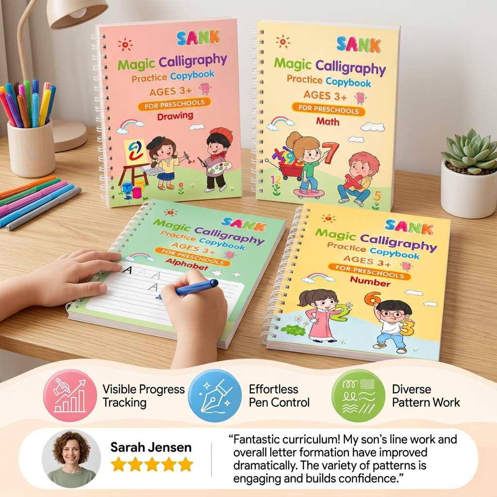 Magic Reusable Grooved Handwriting Practice Books with Disappearing Ink Pens