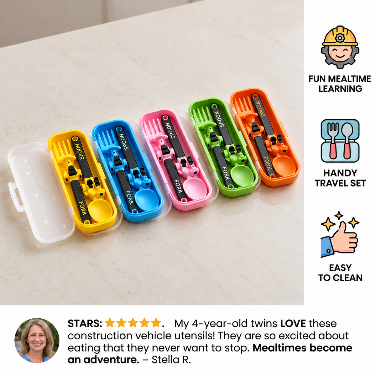 3-Piece Construction Vehicle Kids’ Utensil Set with Spoon, Fork & Travel Case