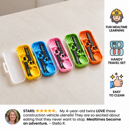3-Piece Construction Vehicle Kids’ Utensil Set with Spoon, Fork & Travel Case