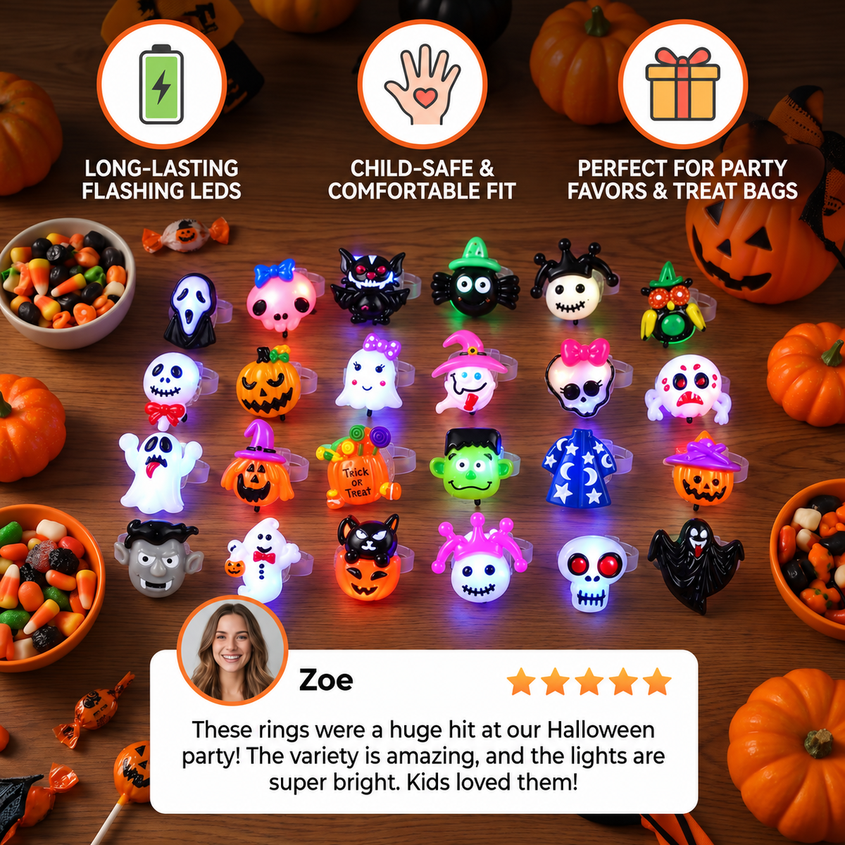 24-Pack Flashing LED Halloween Rings for Kids’ Party Favors & Treat Bags