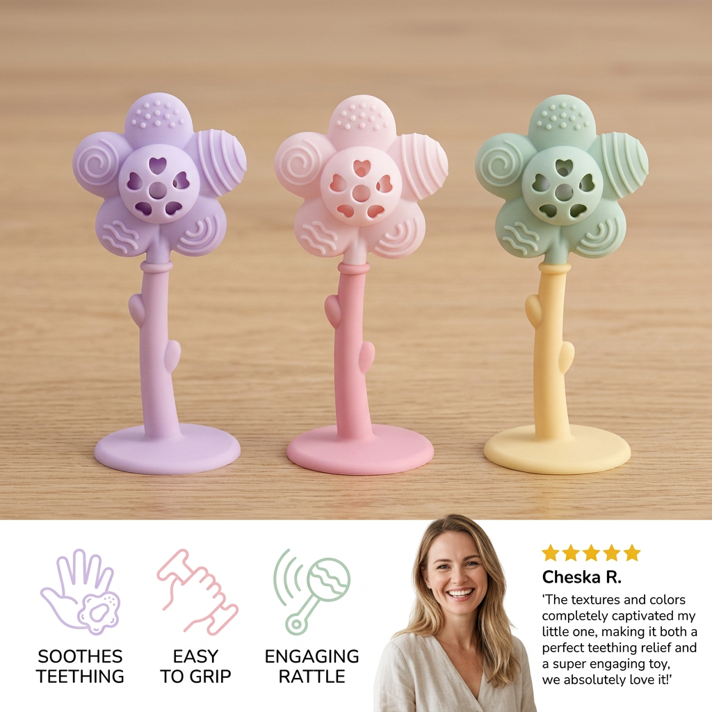 2-in-1 Sunflower Baby Teether & Rattle with Suction Base