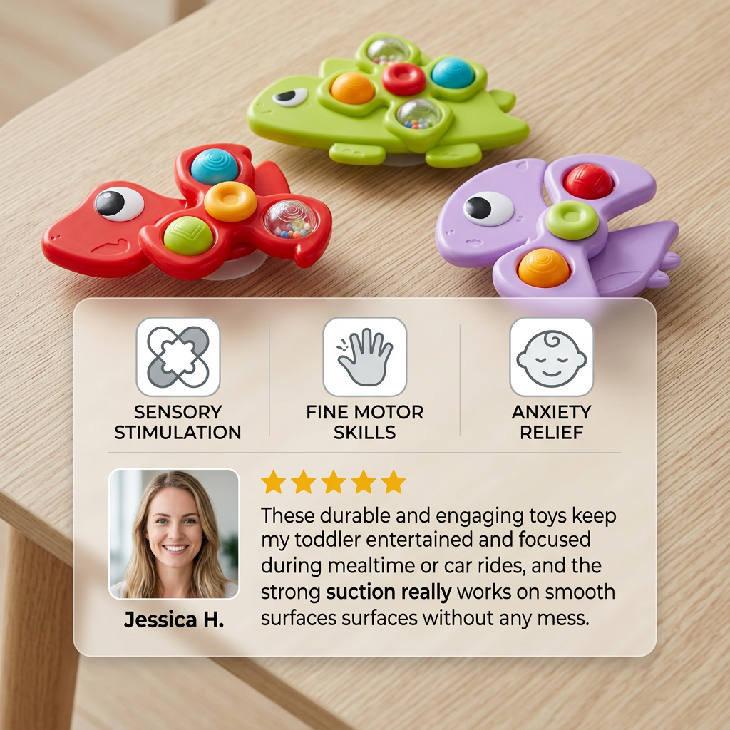 Dinosaur Suction Cup Spinner Toy for Babies & Toddlers Set of 3