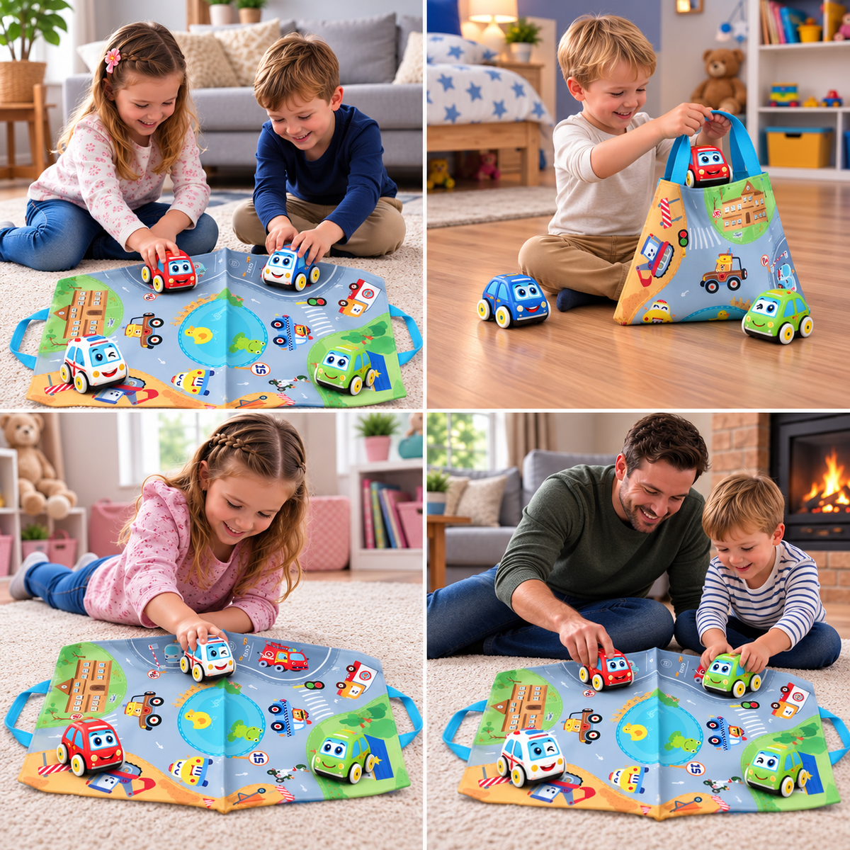 Soft Plush Pull-Back Car Set with 2-in-1 Play Mat & Storage Bag