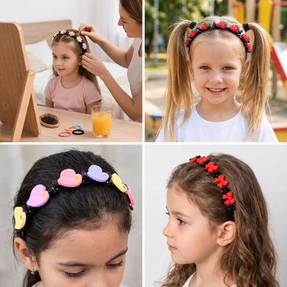 Cute Hair Clips & Bands for Girls with Flower, Strawberry & Rainbow Charms