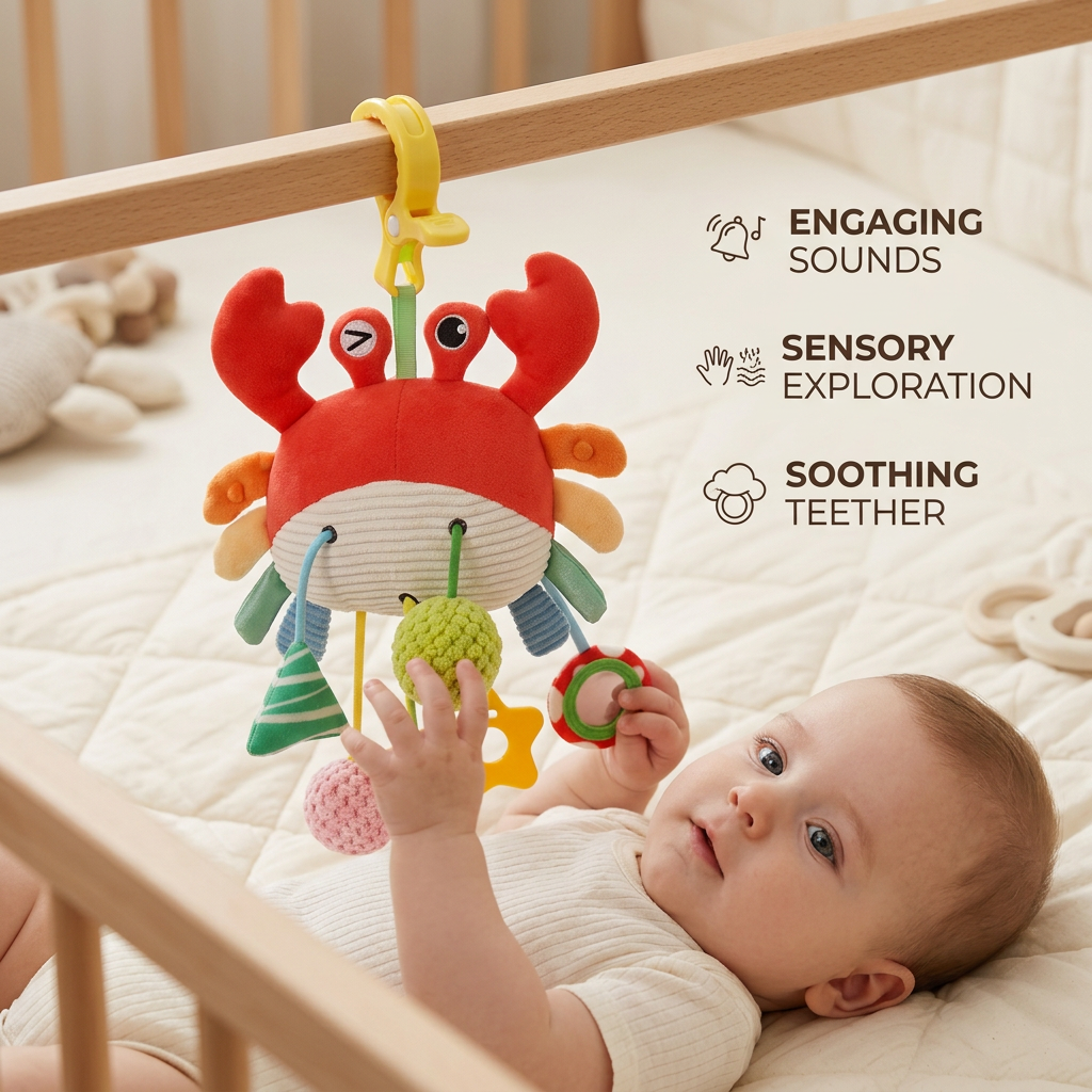 Crab Activity Toy with Pull Cord, Rattle & Teether for Babies