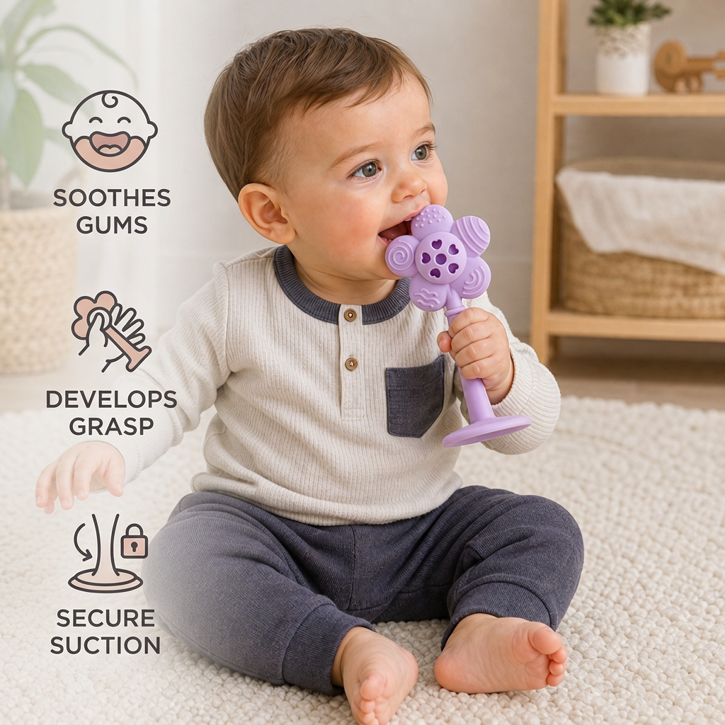 2-in-1 Sunflower Baby Teether & Rattle with Suction Base