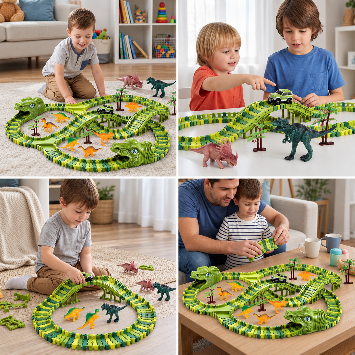 215-Piece Dinosaur Race Track Set with Motorized Cars, Bridge & Dinosaur Figures
