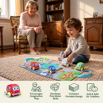 Soft Plush Pull-Back Car Set with 2-in-1 Play Mat & Storage Bag