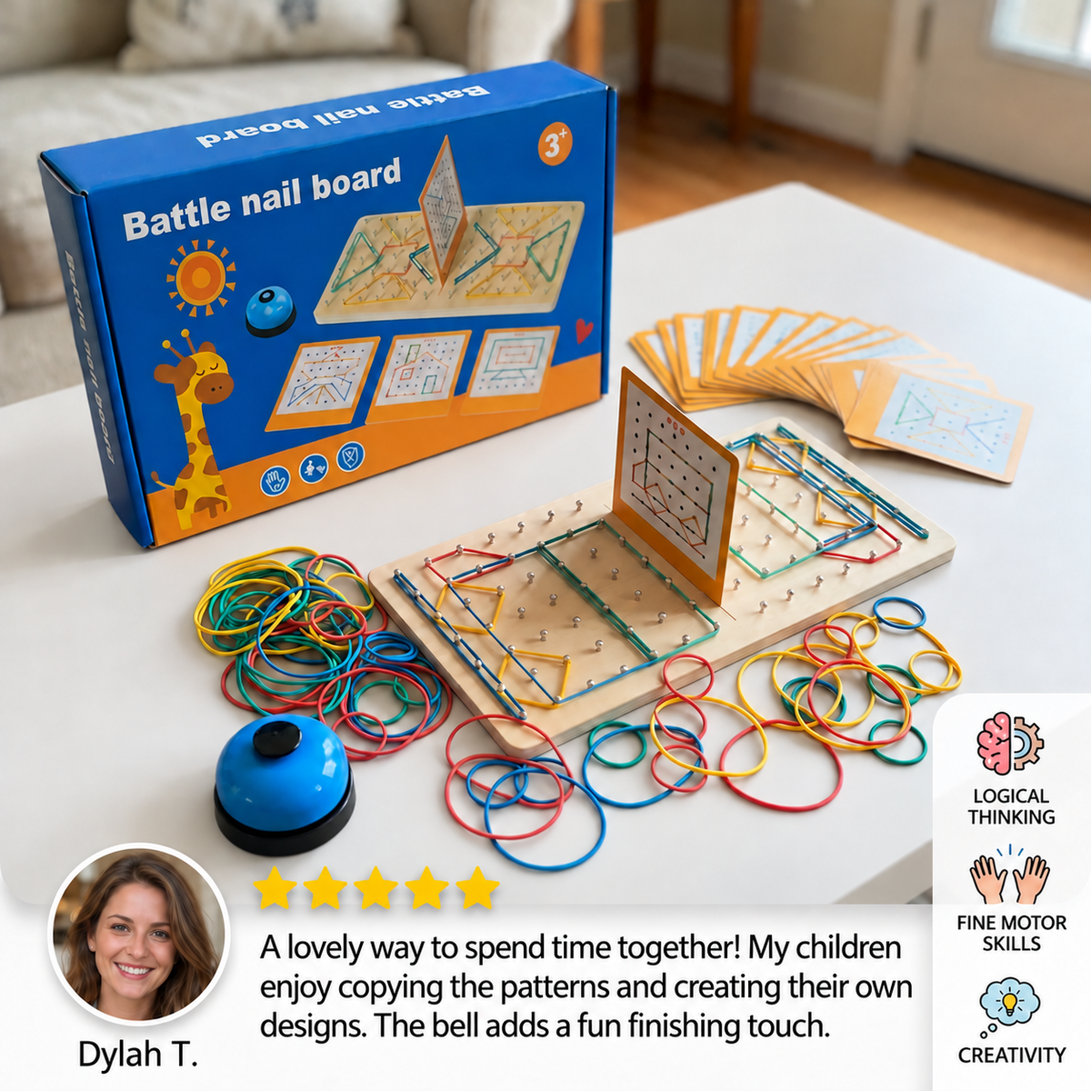 Montessori Wooden Geometry Battle Game with Colorful Rubber Bands