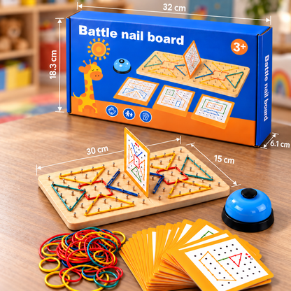 Montessori Wooden Geometry Battle Game with Colorful Rubber Bands