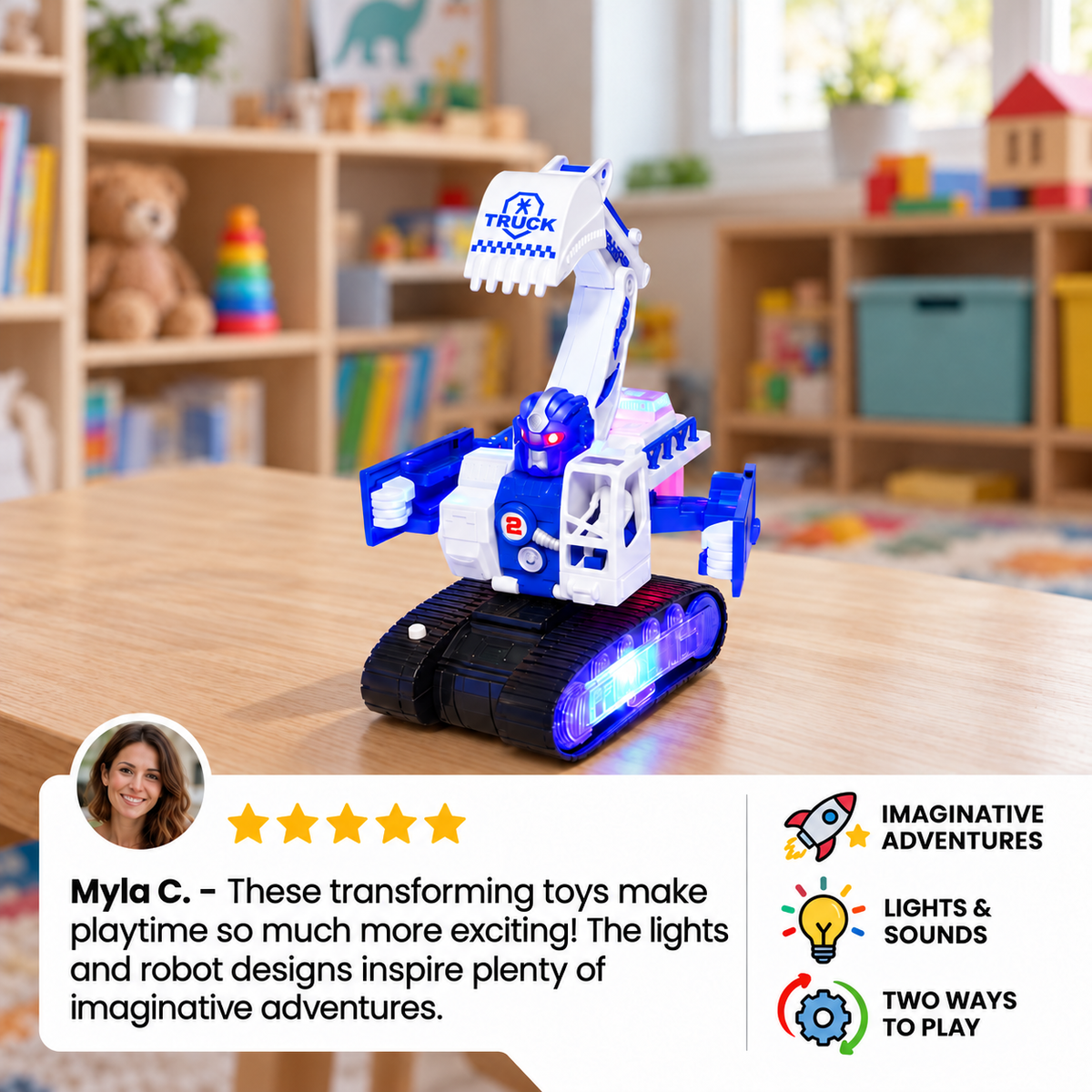 Transforming Police Robot Excavator Toy with Lights & Sounds