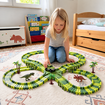 215-Piece Dinosaur Race Track Set with Motorized Cars, Bridge & Dinosaur Figures