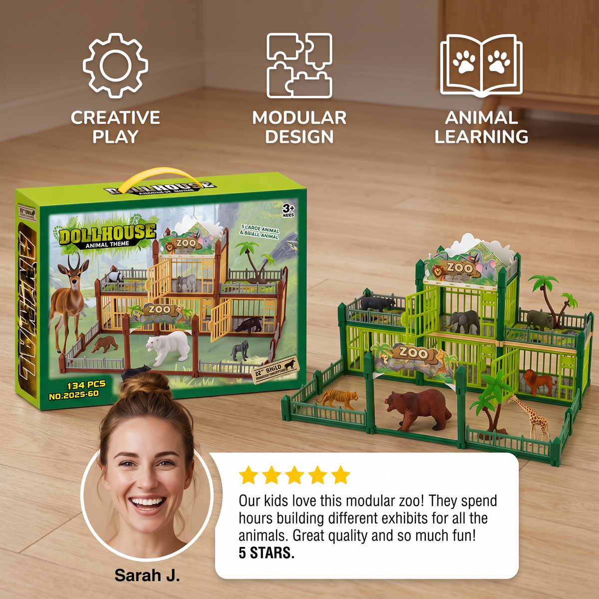 Modular Build-Your-Own Zoo Playset with Animal Figures & Interactive Cages